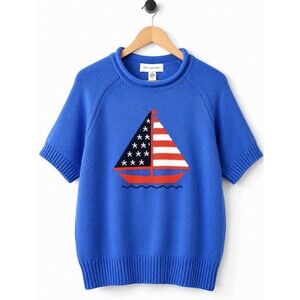 Free Assembly  Women Large 12-14 Sailboat Blue Cotton Knit Nautical Sweater